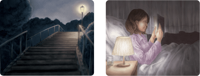夜道、暗い部屋で本を読む人
