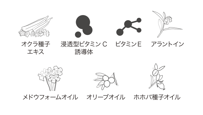 オクラ種子エキス 浸透型ビタミンC 誘導体　ビタミンE　アラントイン　メドウフォームオイル　オリーブオイル　ホホバ種子オイル