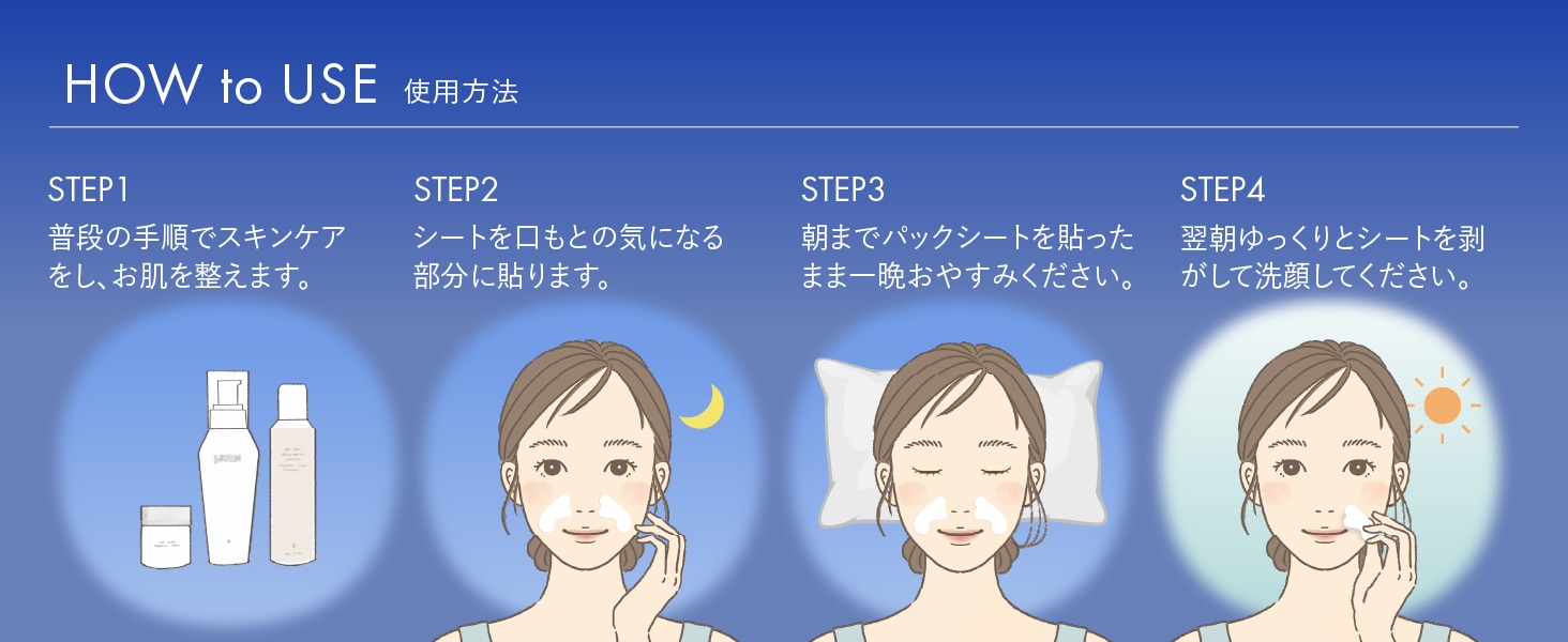 HOW to USE 使用方法 STEP1 普段の手順でスキンケアをし、お肌を整えます。STEP2 シートを口もとの気になる部分に貼ります。STEP3 朝までパックシートを貼ったまま一晩おやすみください。STEP4 翌朝ゆっくりとシートを剥がして洗顔してください。