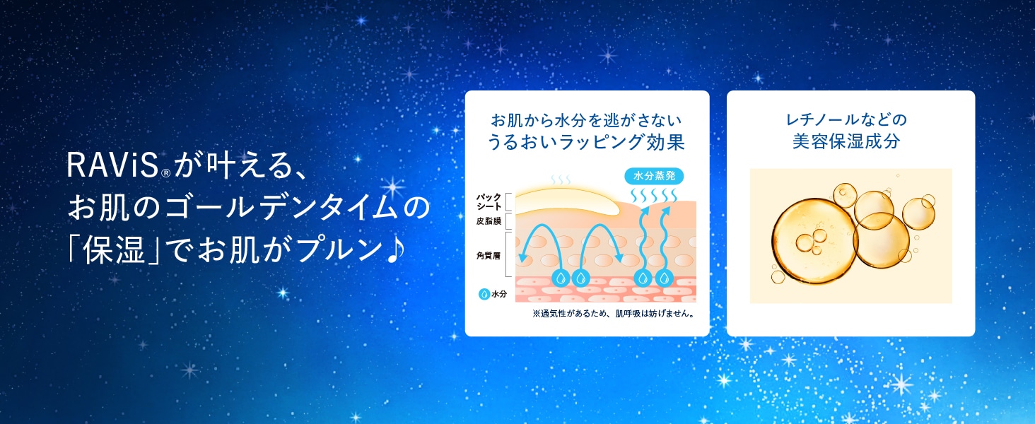 RAViSが叶える、お肌のゴールデンタイムの「保湿」でお肌がプルン♪ お肌から水分を逃がさないうるおいラッピング効果 レチノールなどの美容保湿成分