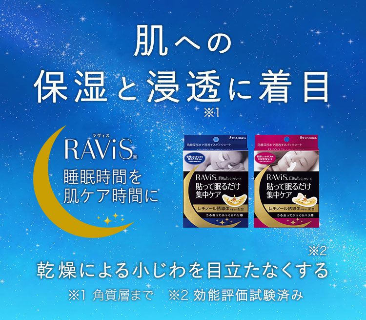 肌への保湿と浸透※1に着目　RAVIS(R)睡眠時間を肌ケア時間に感想による小じわを目立たなくする※2　※1角質層まで※2効能評価試験済み