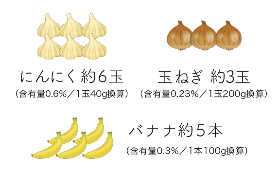 フラクトオリゴ糖1.4g/包の場合：にんにく 約6玉、玉ねぎ 3.25玉、バナナ 約5本