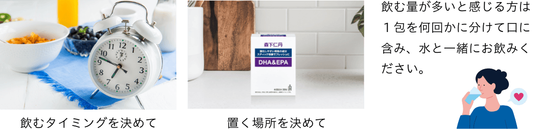 飲むタイミングを決めて 置く場所を決めて 飲む量が多いと感じる方は1包を何回かに分けて口に含み、水と一緒にお飲みください。