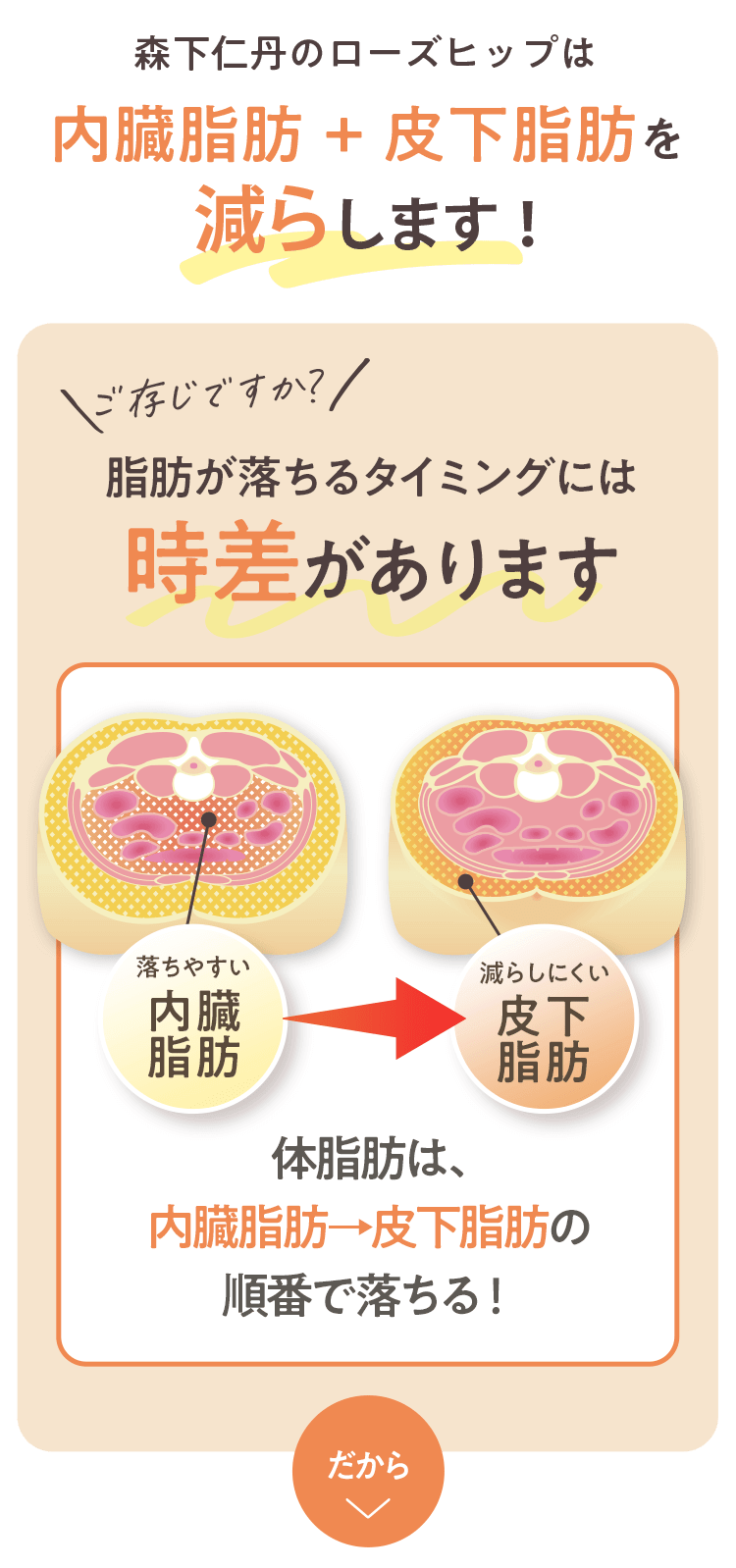 森下仁丹のローズヒップは内臓脂肪+皮下脂肪を減らします！ご存じですか？脂肪が落ちるタイミングには時差があります落ちやすい内臓脂肪減らしにくい皮下脂肪体脂肪は、内臓脂肪→皮下脂肪の順番で落ちる！だから