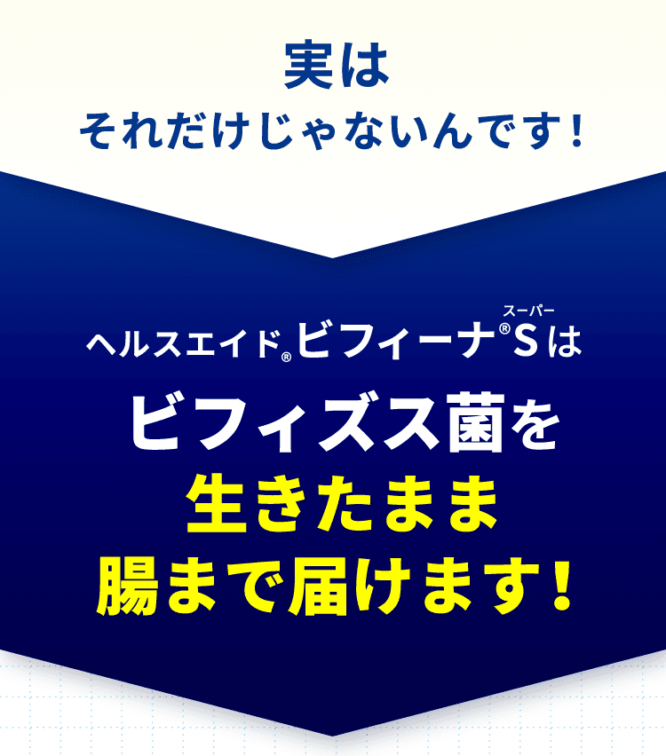 実はそれだけじゃないんです！ ヘルスエイド®ビフィーナ®Sはビフィズス菌を 生きたまま 腸まで届けます！